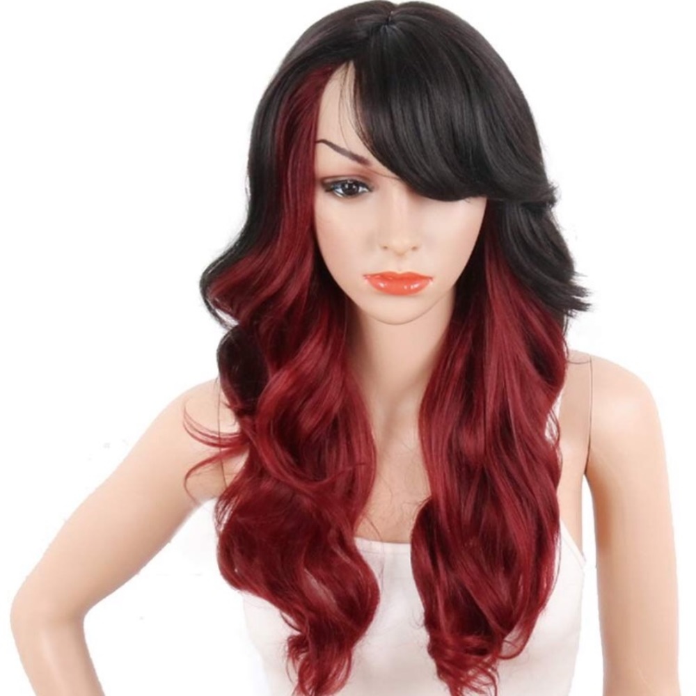 - Asia 24” RED OMBRÉ  BANG SIDE PART CURLY Wig